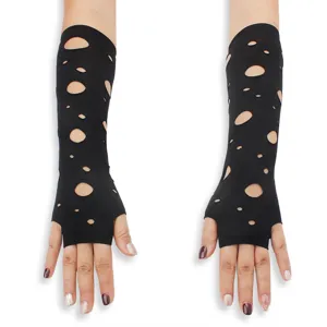 Women black punk ripped fingerless gloves gothic hollow out arm warmers for party wear