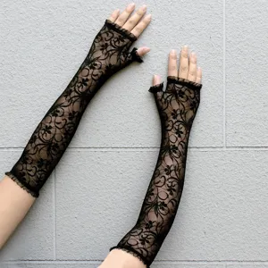 Summer Women Long Lace Fingerless Gloves Sun Protection Mesh Arm Sleeves Black Floral