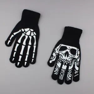 Halloween black knitted skeleton gloves for adults, luminous skull ghost claw design.