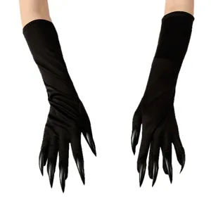Black Halloween claw gloves with long fake nails, perfect cosplay costume accessories for party.