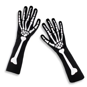 Halloween skeleton gloves long black white bone pattern party costume accessories pair