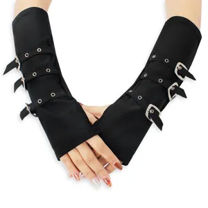Gothic punk black fingerless gloves with metal buckles and eyelets for party costume.