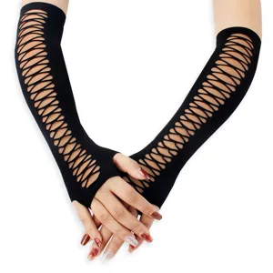 Black gothic mesh fingerless gloves, punk cross hollow arm warmers for party and club wear.