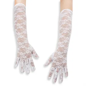 Long white lace gloves for women, elegant sheer five-finger bridal wedding arm sleeves.