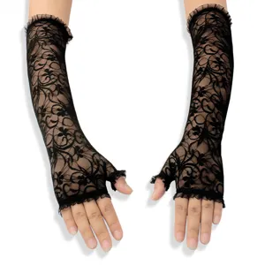 Black long lace fingerless gloves elegant sun protection mesh arm sleeves for women evening party.
