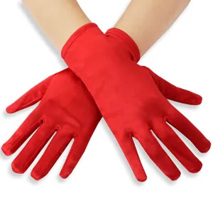 Elegant red satin short gloves for women, ideal for weddings and evening stage shows.