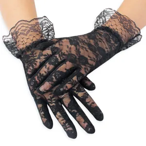Gants en dentelle noire pour femmes été protection solaire courts gants à volants