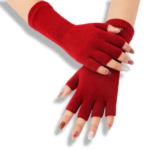 Rote gestrickte fingerlose Handschuhe Winter warme lange gerippte Bündchen einfarbig