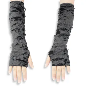 Dark punk style long fingerless distressed gloves, black and grey grunge arm warmers for women.