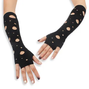 Punk style black fingerless long gloves with distressed holes for women and party wear.