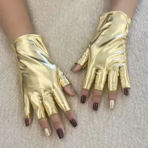 Metallic Gold Fingerless Gloves Short Patent Leather Stage Performance Party Cosplay Props