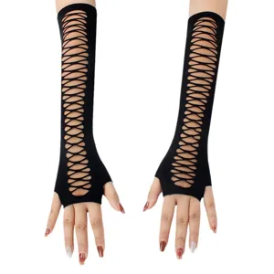 Black long fingerless gloves with cross hollow out design, sexy punk party arm warmers.