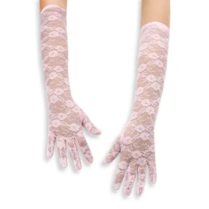 Long pink lace gloves for women, sexy breathable mesh arm sleeves for bridal wedding summer.