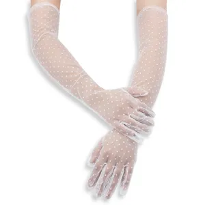 Women vintage long polka dot mesh gloves sheer lace bridal wedding party accessories white