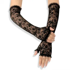 Women long black lace fingerless gloves chic floral mesh UV protection arm sleeves item