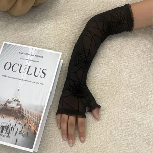 Gants longs sans doigts en dentelle toile d'araignée noire, fête d'Halloween gothique.