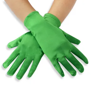 Green satin short wedding gloves for women, bridal and stage performance dress accessories.