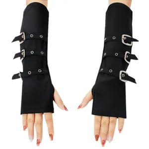 Dark punk gothic metal buckle strap fingerless gloves fashion party black costume sleeves