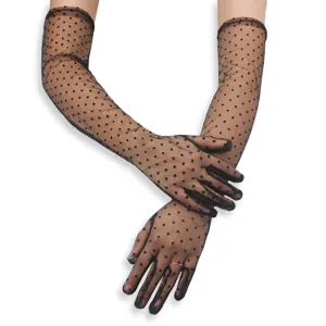 Women long black sheer polka dot mesh gloves vintage retro wedding bridal dress party accessories