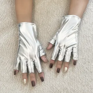 Silver metallic half finger gloves shiny patent leather short performance cosplay party props