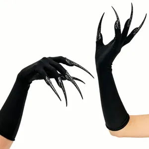 Halloween long black gloves with spooky witch claw nails, milk silk costume accessories.