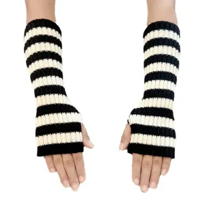 Black and white striped knitted fingerless gloves winter warm arm warmers fashion sleeves.