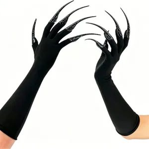Halloween Black Long Gloves with Scary Witch Claws Costume Party Accessory for Women