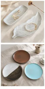Minimalist ceramic jewelry tray set, decorative leaf and marble storage dish for rings and keys.
