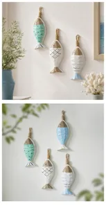 Detailed view of Mediterranean style wooden fish hanging decor for wall and hallway styling.