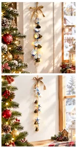 Mediterranean blue white shell starfish string pendant with bells and LED lights for wall home decor.