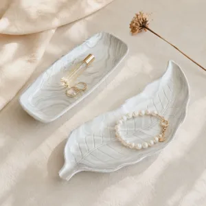 Minimalist marble ceramic jewelry tray set, elegant leaf and rectangular dish for ring key storage.