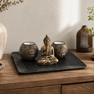 Chinese Retro Buddha Head And Blue Fish Candle Holder Set Wooden Resin Desktop Home Decor Craft Ornaments
