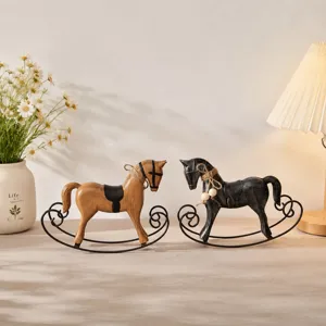 Skandinavisches Retro Schaukelpferd Deko Figuren Set, vintage Tisch Ornament für Wohnzimmer.