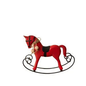 Nordisches Retro Schaukelpferd Deko Figur aus Holz rot mit Metallgestell fuer Tischregal