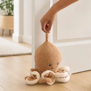 Cute plush octopus doorstop for home decor, soft cartoon animal floor door stopper, brown.