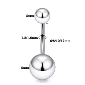 Stainless steel belly button ring detail view, body piercing jewelry specification view.
