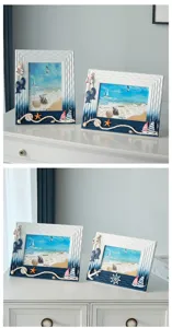 Mediterranean style wooden photo frame tabletop decor with nautical elements for home.