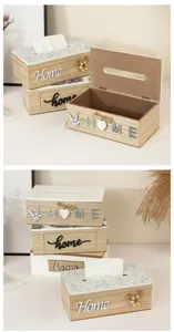 Wooden tissue box detail, vintage home decor napkin holder with letters and cute hanging charm.