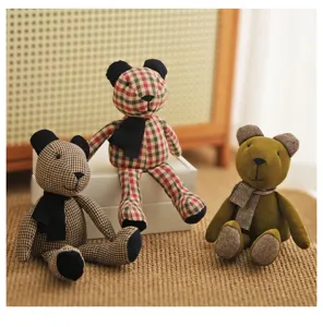 Retro fabric teddy bear plush doll handmade plaid stuffed toy cute home room decor ornament