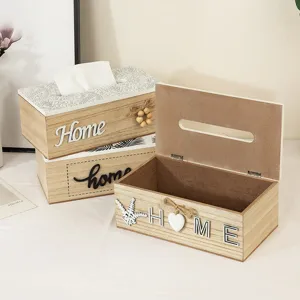 European Vintage Wooden Tissue Box Desktop Storage Holder With Home Letter Floral Pattern For Home Office Table Decor