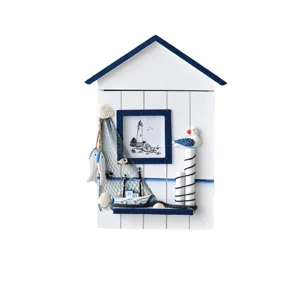 Mediterranean style wooden key box wall hanging organizer with lighthouse and seashells decor