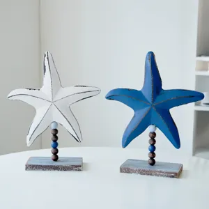 Decoración de escritorio de estrella de mar de madera estilo mediterráneo, azul y blanca.