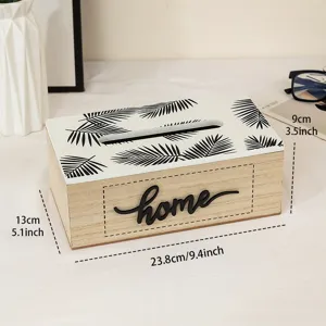 European retro wooden tissue box with palm leaf print and home text for desktop decor storage