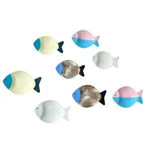 Wooden ocean fish school wall hanging decor set for coastal home and cafe decoration