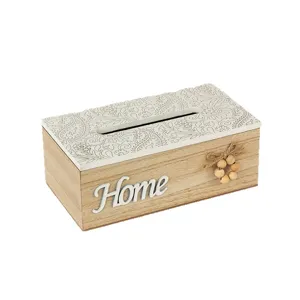 Retro wooden tissue box with floral lid and Home lettering, ideal for desktop decor and storage.