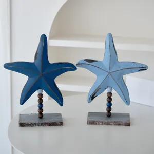 Decoración de mesa de estrella de mar de madera estilo mediterráneo con soporte de cuentas.