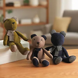 Retro fabric teddy bear doll handmade cute plush toy home decor stuffed animal figure gift.