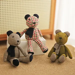 Retro fabric teddy bear doll set, handmade style cute stuffed plush toys for home decor and gifts.