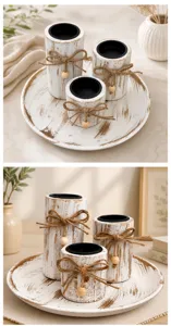 Nordic rustic wooden candle holder set with tray vintage white pillar candle home decor table