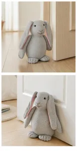 Small herringbone plush rabbit doorstop, cute animal door blocker and anti-collision home decor.